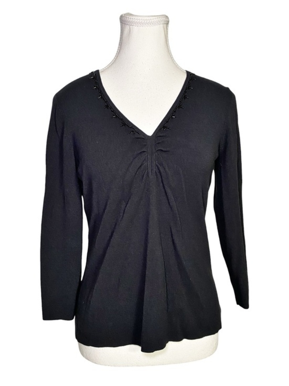Ann Taylor Loft Black Beaded V-Neck Ruched Top Whimsigoth Vintage Y2K